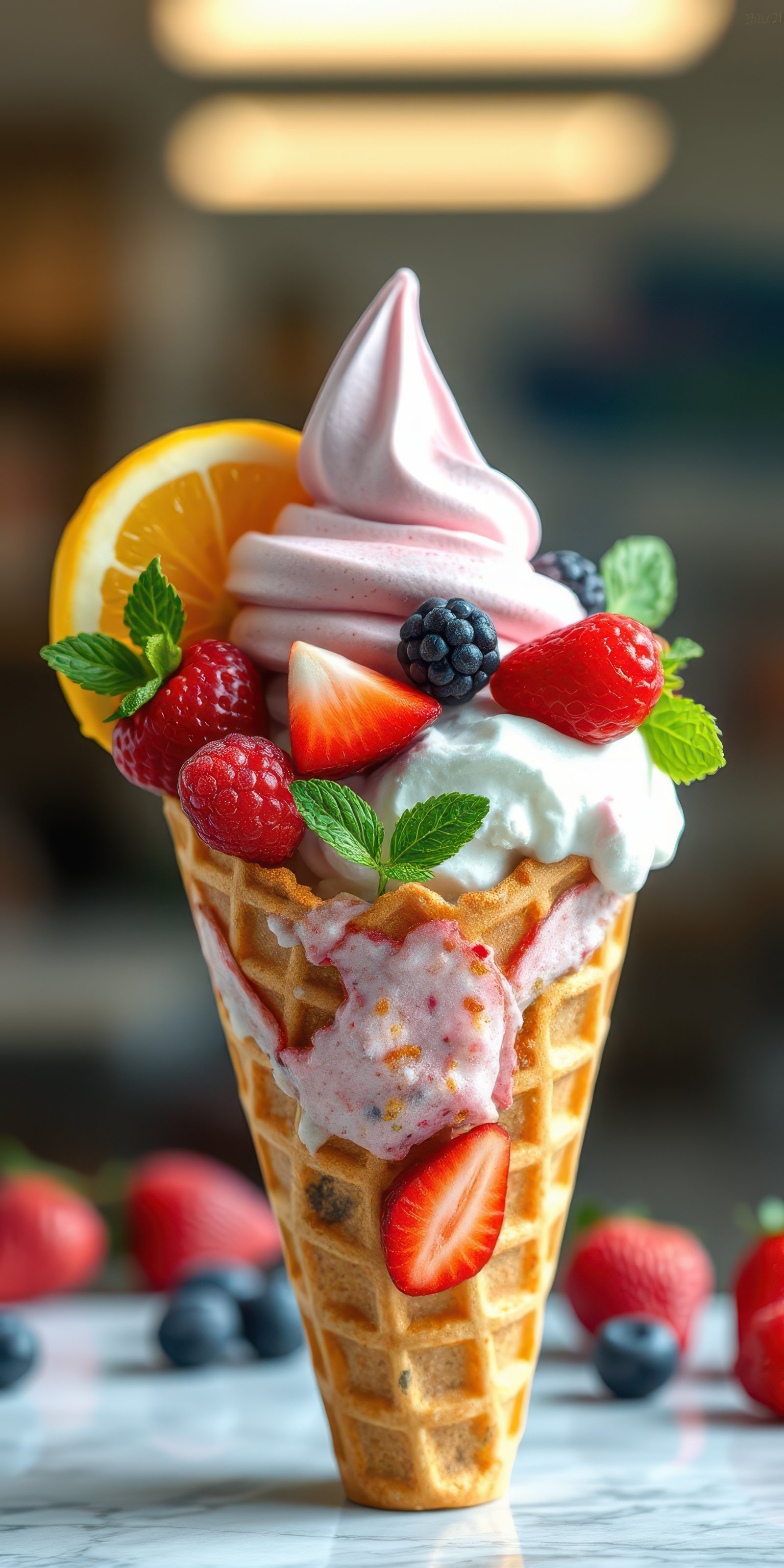 Enjoying a delicious ice cream cone topped with fresh fruits and mint on a sunny day